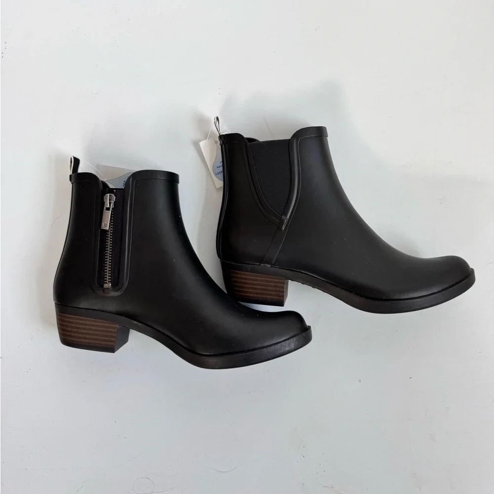 NWT Lucky Brand Women's Basel H2O Booties Heeled Rain Boots Black Size 7